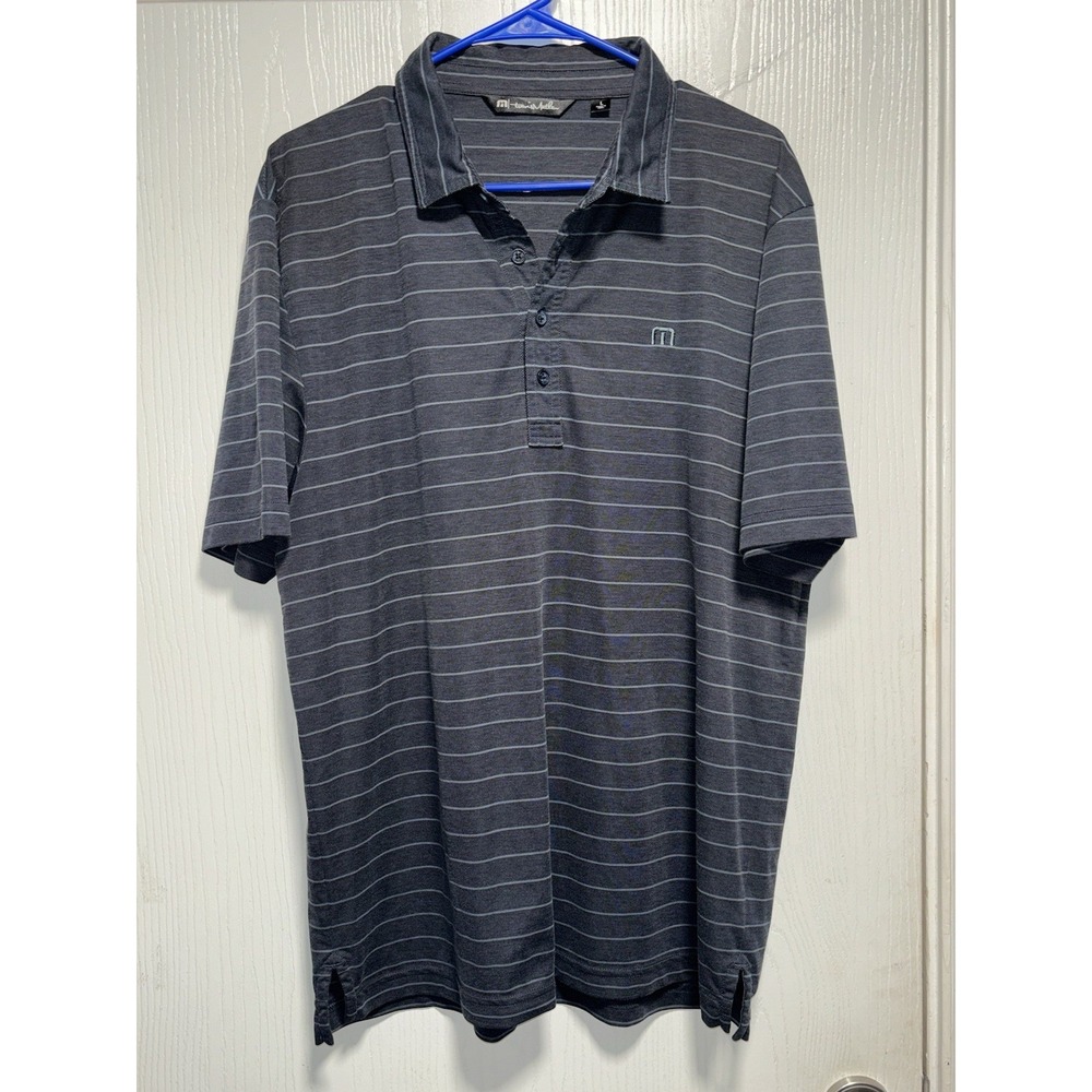 Travis‎ Mathew Men's Large Navy Striped 4 Button Short Sleeve Golf Polo